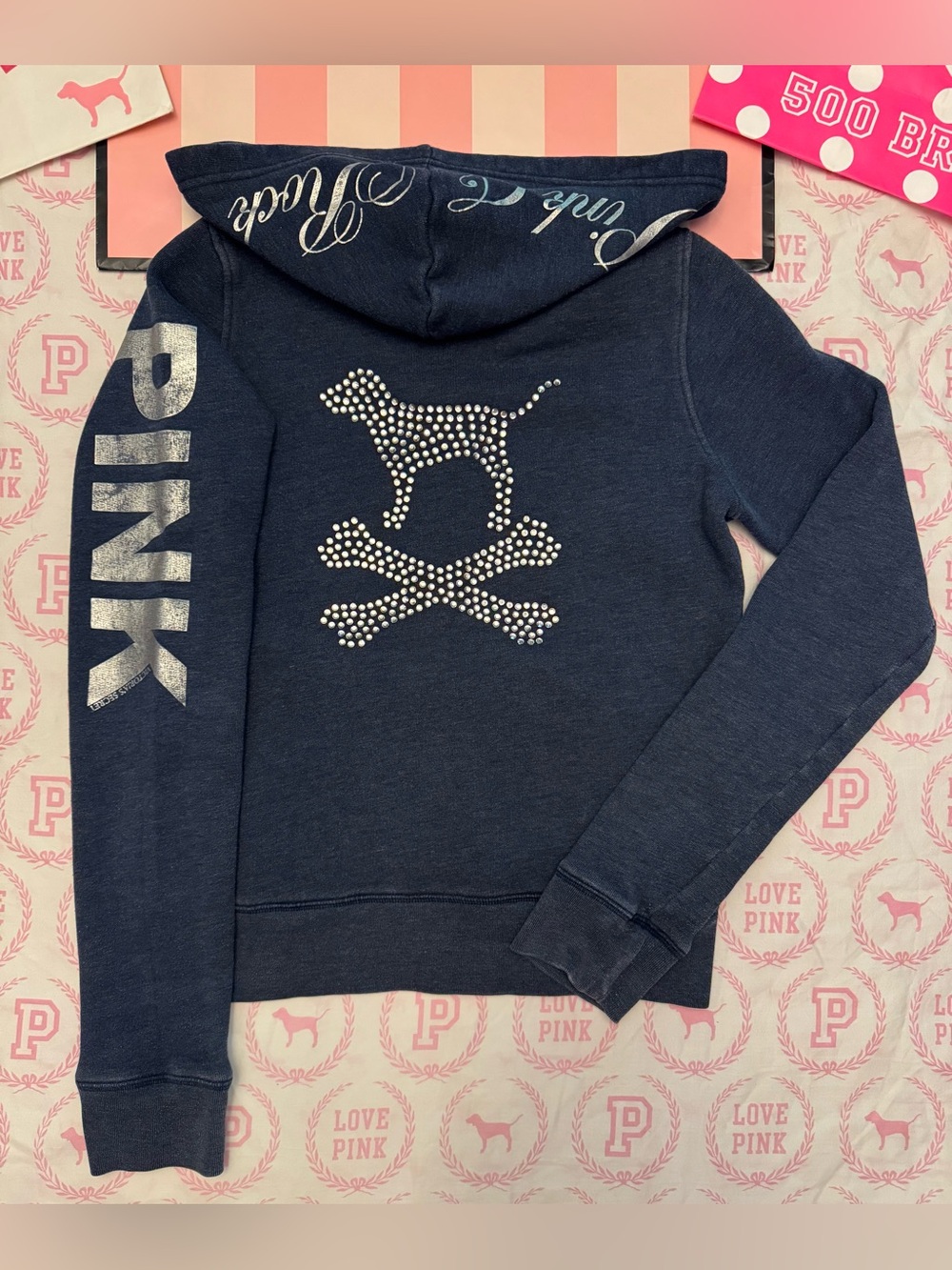 VS PINK VINTAGE Y2K LIMITED EDITION ZIP HOODIE BLUE DOG CROSSBONES BLING RARE S